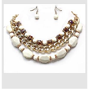 Necklace Earrings Set Cream Gold Layered Multi Strand Chain 16.5"-19"L Women